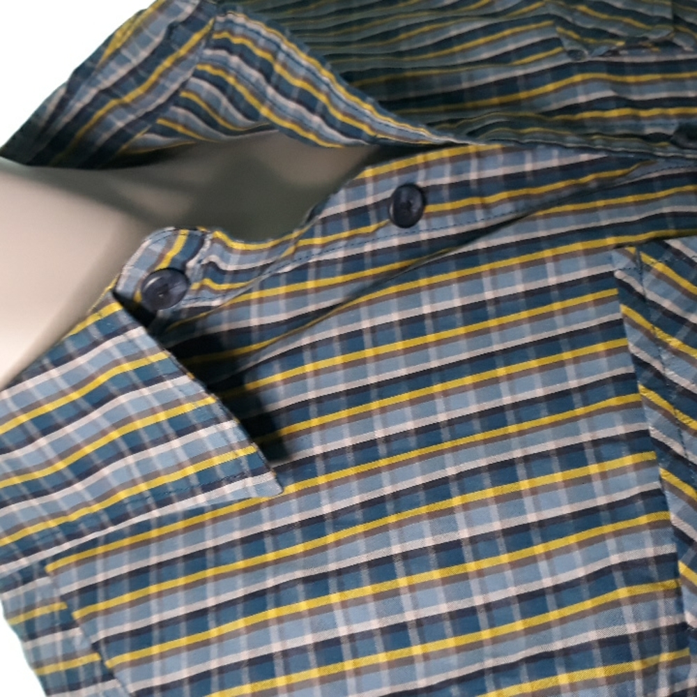 Merrell blue and yellow mens plaid cotton long sleeve shirt. Small